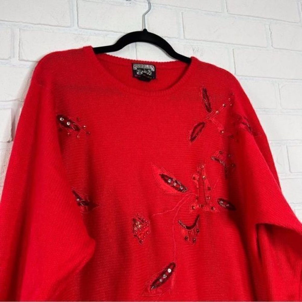 VINTAGE Red Floral Embroidered Dolman Sleeve Sweater 44 - Picture 6 of 9
